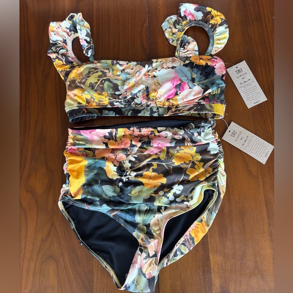 NWT Albion Bella Crop Top Bikini + Ruched High-Waist Bottom in Rosalia
